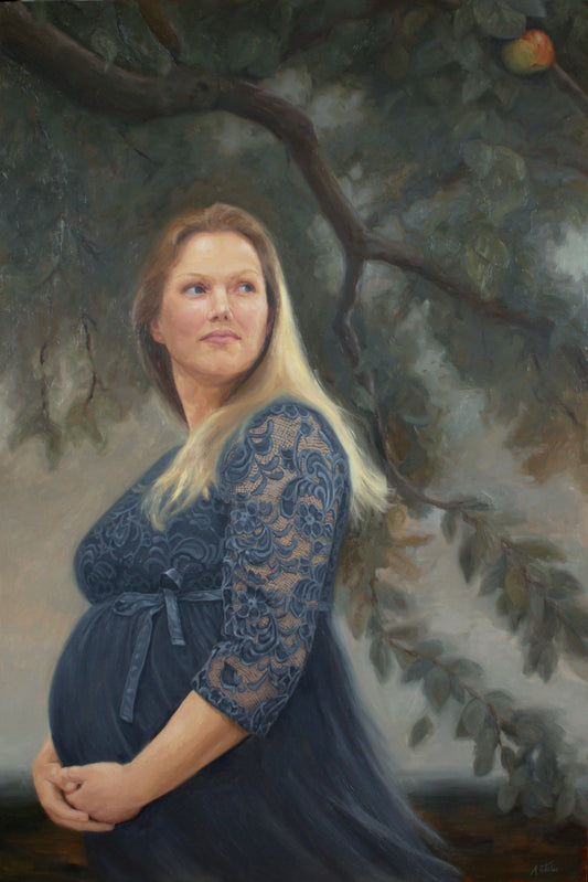 Original oil painting of pregnant woman in a blue lace dress who stands in a moody, windy forest.