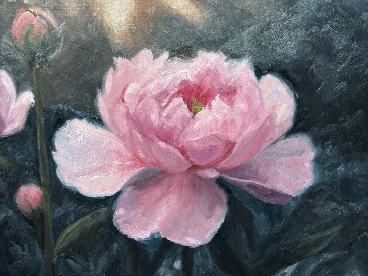 Load video: The making of oil painting Golden Blush. A field of pink peonies at sunrise.